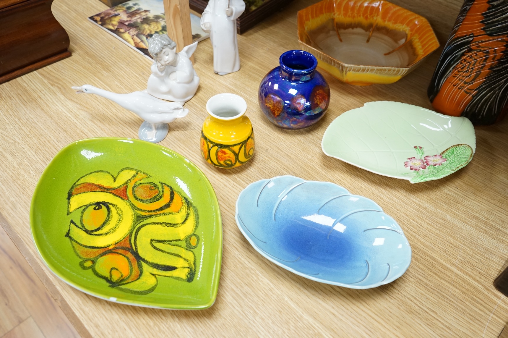 Four items of Poole pottery, three Lladro figures and Shelley, Carltonware etc.